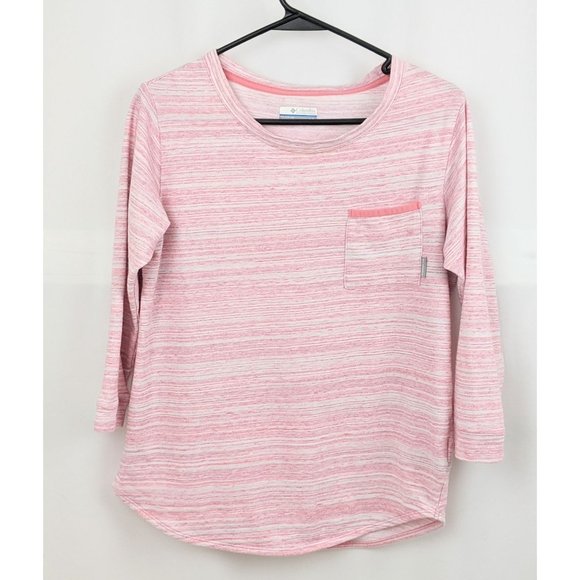 Columbia Pink White Striped Jersey Knit Pullover Crew Neck 3/4 Sleeve Shirt Top - Picture 1 of 5